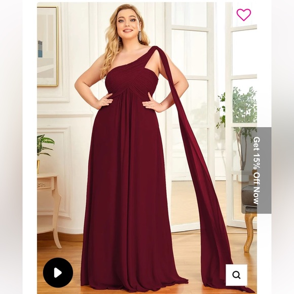 Pleated One Shoulder Long Chiffon Formal Evening Dress, Burgundy - Picture 5 of 7